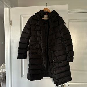 Women’s long black Moncler down jacket. Size 1